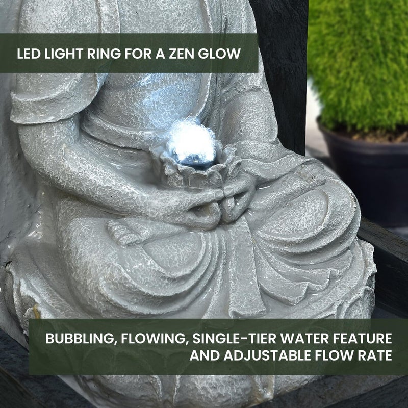 Hanover 24-in. Sitting Lotus Buddha Wall Statue Water Fountain with LED Lights for Indoor Home Use or Outdoor Garden, Yard, Patio, Deck, and Porch - Image 4